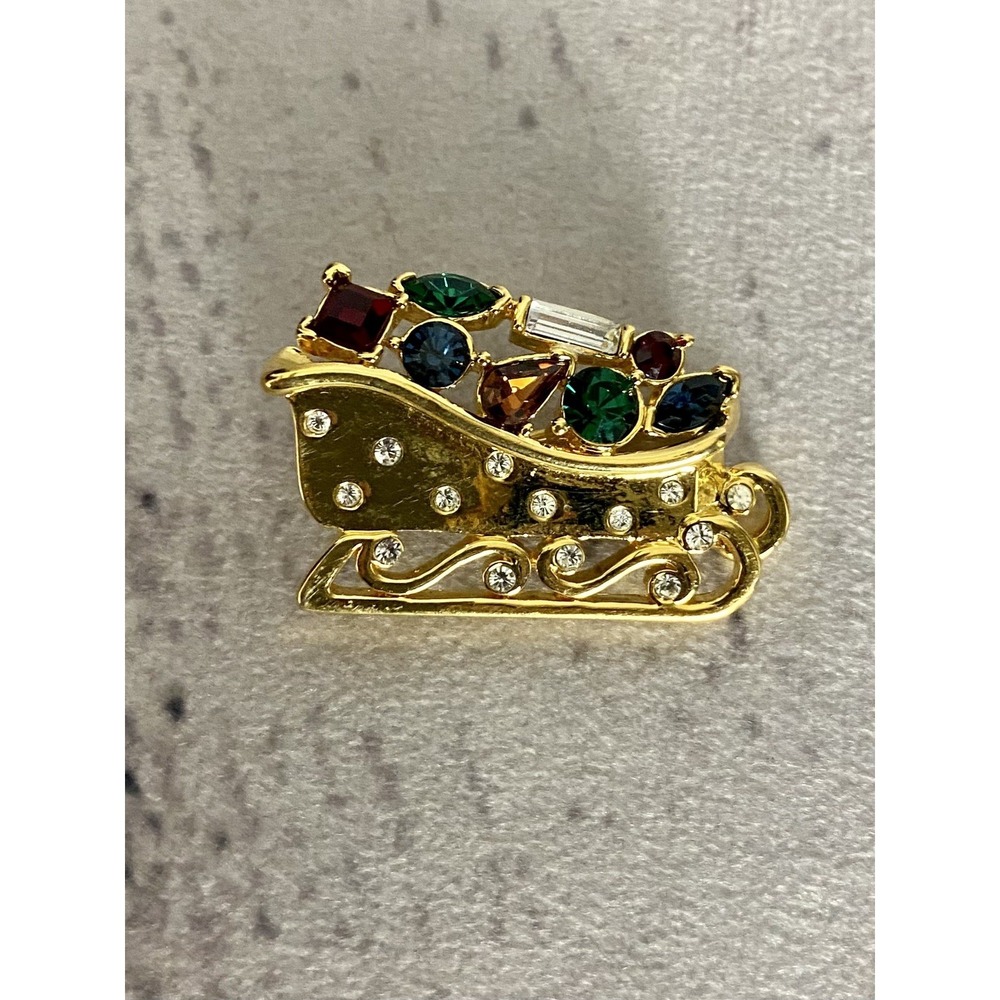 Beautiful Monet Vintage Gold Tone Sleigh With Colorful Rhinestones Brooch
